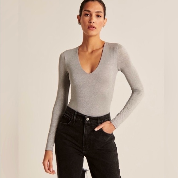 Abercrombie & Fitch Gray Bodysuit metallic sparkly bold party event feminine - Picture 5 of 16